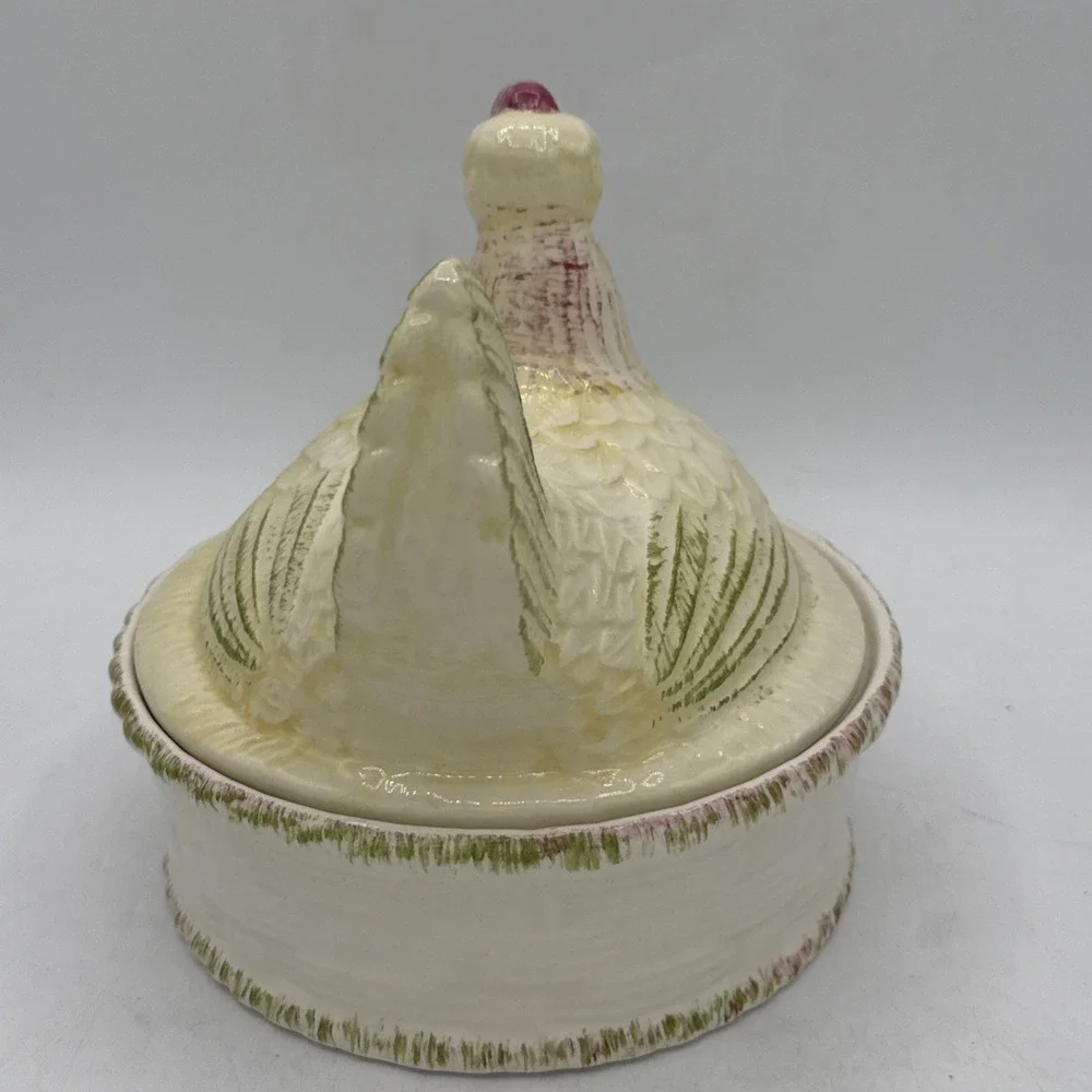 VTG Ceramic Hen on Nest‎ Chicken Covered Dish Basket Candy Bowl Yellow Green 6